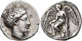 BRUTTIUM. Terina. Circa 420-400 BC. Didrachm or Nomos (Silver, 21 mm, 7.81 g, 3 h), signed by P.... TEPINAION Head of the nymph Terina to right, weari...