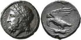 SICILY. Akragas. Circa 338-287 BC. Litra (Bronze, 18 mm, 4.55 g, 10 h). AKPAΓANTI Laureate head of Zeus to left. Rev. Eagle standing left, wings sprea...