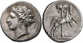 SICILY. Entella (?). Punic issues, circa 330-320 BC. Tetradrachm (Silver, 26 mm, 16.47 g, 2 h). Head of Tanit-Persephone to left, wearing wreath of gr...