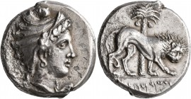 SICILY. Entella (?). Punic issues, circa 320/15-300 BC. Tetradrachm (Silver, 25 mm, 16.77 g, 7 h). Head of Tanit or Libya to right, wearing circular e...