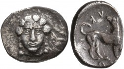 SICILY. Eryx. Circa 425-420 BC. Obol (Silver, 11 mm, 0.85 g, 9 h). Facing archaic head of Aphrodite. Rev. [ER]YKINON The river-god Krimisos, in the fo...