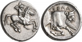 SICILY. Gela. Circa 490/85-480/75 BC. Didrachm (Silver, 20 mm, 8.73 g, 6 h). Nude bearded warrior riding horse to right, brandishing spear in his righ...