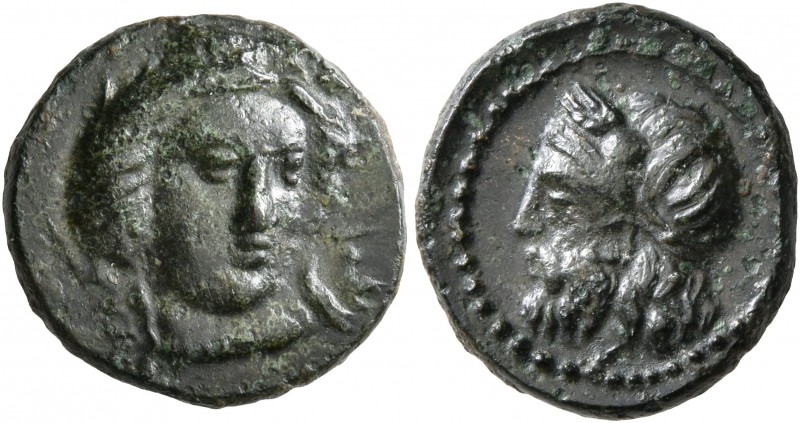 SICILY. Gela. Circa 339-310 BC. Tetras (?) (Bronze, 15 mm, 2.70 g, 2 h). Head of...