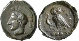 SICILY. Kamarina. Circa 420-405 BC. Tetras or Trionkion (Bronze, 17 mm, 3.57 g, 11 h). Head of Athena to left, wearing crested Attic helmet. Rev. KAMA...