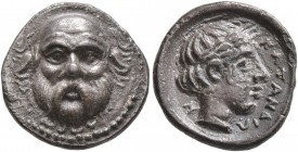 SICILY. Katane. Circa 410-403 BC. Hemidrachm (Silver, 13 mm, 1.79 g, 7 h). Facing head of Silenos, balding, bearded and with pointed ears. Rev. KATANA...