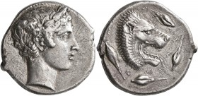 SICILY. Leontini. Circa 415-413 BC. Tetradrachm (Silver, 28 mm, 17.00 g, 1 h). Laureate head of Apollo to right. Rev. ΛEO-NT-I-NO-N Head of a lion wit...