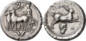 SICILY. Messana. 412-408 BC. Tetradrachm (Silver, 28 mm, 17.21 g, 1 h). The nymph Messana, wearing long chiton and holding reins in both hands, drivin...