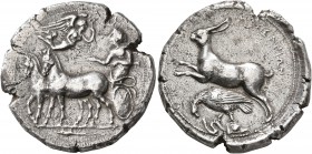 SICILY. Messana. 412-408 BC. Tetradrachm (Silver, 27 mm, 16.51 g, 10 h), signed by Simin.... The nymph Messana, wearing long chiton and holding reins ...