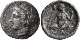 SICILY. Naxos. Circa 420-403 BC. Hemidrachm (Silver, 14 mm, 2.00 g, 10 h). Head of Dionysos to left, wearing wreath of ivy and fruit. Rev. NAΞI-ON Nud...