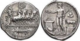 SICILY. Selinos. Circa 415-409 BC. Tetradrachm (Silver, 30 mm, 16.30 g, 5 h). ΣEΛINONTION Artemis, holding reins in both hands, driving fast driving q...