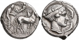 SICILY. Syracuse. Second Democracy, 466-405 BC. Tetradrachm (Silver, 25 mm, 17.13 g, 4 h), circa 430. Charioteer driving quadriga walking to right, ho...