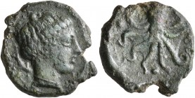 SICILY. Syracuse. Second Democracy, 466-405 BC. Tetras (Bronze, 18 mm, 4.24 g, 3 h), circa 415-410. Head of Arethusa to right, wearing pendant earring...