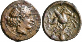 SICILY. Syracuse. Second Democracy, 466-405 BC. Trias or Tetronkion (Bronze, 15 mm, 1.93 g, 4 h), circa 415-410. Head of Arethusa to right; around, X ...