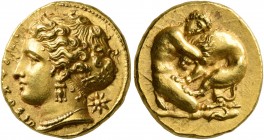SICILY. Syracuse. Dionysios I, 405-367 BC. 100 Litrai or Double Dekadrachm (Gold, 14 mm, 5.82 g, 12 h), in the style of Euainetos. Circa 405-400 or so...