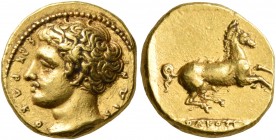 SICILY. Syracuse. Dionysios I, 405-367 BC. 50 Litrai or Dekadrachm (Gold, 11 mm, 2.92 g, 6 h), signed by E... (?). Circa 405-400 or somewhat later. ΣY...