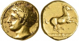 SICILY. Syracuse. Dionysios I, 405-367 BC. 50 Litrai or Dekadrachm (Gold, 11 mm, 2.89 g, 12 h), signed by E... (?). Circa 405-400 or somewhat later. Σ...