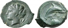 SICILY. Syracuse. Dionysios I, 405-367 BC. Hemilitron (Bronze, 18 mm, 3.81 g, 12 h). Female head to left, with her hair bound by an ampyx in the front...