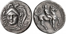 SICILY. Syracuse. Timoleon and the Third Democracy, 344-317 BC. Diobol (Silver, 13 mm, 1.35 g, 1 h), Attic standard. ΣΥΡAKOΣ-IΩN Head of Athena facing...