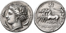 SICILY. Syracuse. Agathokles, 317-289 BC. Tetradrachm (Silver, 28 mm, 16.47 g, 9 h), circa 317-310. Head of Arethusa to left, wearing wreath of grain ...