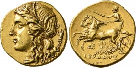 SICILY. Syracuse. Hieron II, 275-215 BC. 60 Litrai or Dekadrachm (Gold, 16 mm, 4.25 g, 2 h), circa 218/7-215. Head of Persephone to left, wearing wrea...