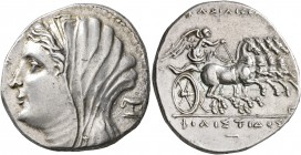 SICILY. Syracuse. Philistis, wife of Hieron II, 275-215 BC. 16 Litrai or Tetradrachm (Silver, 27 mm, 13.53 g, 4 h), circa 240-218/5. Diademed and veil...