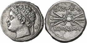 SICILY. Syracuse. Hieronymos, 215-214 BC. 10 Litrai (Silver, 24 mm, 8.43 g, 2 h). Diademed head of Hieronymos to left; behind, K. Rev. BAΣIΛEΩΣ - IEPΩ...