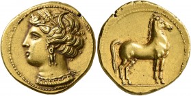 CARTHAGE. Circa 320-310 BC. Stater (Electrum, 20 mm, 7.69 g, 12 h). Head of Tanit to left, wearing wreath of grain ears, triple-pendant earring and el...