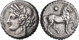 CARTHAGE. Third Punic War. Circa 149-146 BC. Double Shekel (Billon, 25 mm, 13.23 g, 1 h), serrated edge. Head of Tanit to left, wearing wreath of grai...