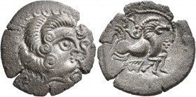 CELTIC, Northwest Gaul. Coriosolites. Circa 100-50 BC. Stater (Billon, 24 mm, 6.15 g, 10 h), 'au nez pointé' type. Celticized male head to right, the ...