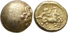 CELTIC, Northwest Gaul. Senones (?). Circa 50-30 BC. Half Stater (Gold, 13 mm, 3.43 g). Convex surface with a whirl of pellets and lines near the edge...