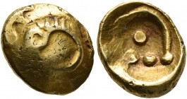 CELTIC, Central Europe. Vindelici. 1st century BC. 1/4 Stater (Gold, 12 mm, 1.88 g), 'Rolltier' type. Convex surface with a dragon-like animal with th...