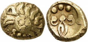 CELTIC, Central Europe. Vindelici. 1st century BC. Stater (Gold, 17 mm, 7.69 g, 10 h), 'Blattkranz mit Vogelkopf / Torques mit Blütenknospe' type. Hea...