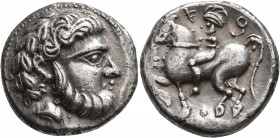 CELTIC, Carpathian region. Uncertain tribe. Circa 2nd century BC. Tetradrachm (Silver, 24 mm, 13.81 g, 12 h), 'Baumreiter' type. Imitating Philip II o...