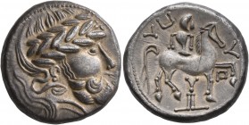 CELTIC, Carpathian region. Uncertain tribe. Circa 2nd century BC. Tetradrachm (Silver, 23 mm, 13.64 g, 9 h), 'Y auf Postament' type. Imitating Audoleo...