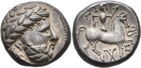 CELTIC, Carpathian region. Uncertain tribe. Circa 2nd century BC. Tetradrachm (Silver, 22 mm, 13.45 g, 7 h), 'Audoleon monogram' type. Celticized laur...