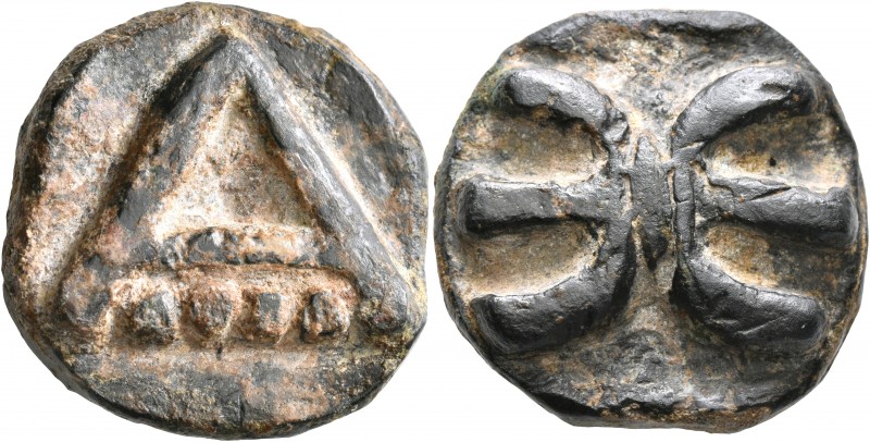 APULIA. Ausculum. Circa 217-212 BC. Quadrunx (Bronze, 28 mm, 36.26 g). A; below,...