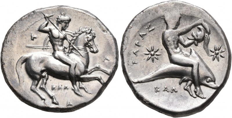 CALABRIA. Tarentum. Circa 333-331/0 BC. Didrachm or Nomos (Silver, 24 mm, 7.95 g...