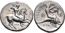 CALABRIA. Tarentum. Circa 333-331/0 BC. Didrachm or Nomos (Silver, 24 mm, 7.95 g, 4 h), Kal..., magistrate. Ւ - Λ / KAΛ / A Nude warrior on horseback ...