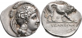 LUCANIA. Velia. Circa 340-334 BC. Didrachm or Nomos (Silver, 22 mm, 7.67 g, 12 h). Head of Athena to right, wearing crested Attic helmet adorned, on t...