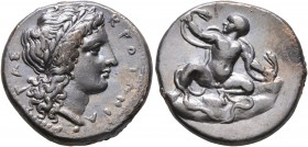 BRUTTIUM. Kroton. Circa 350-340 BC. Didrachm or Nomos (Silver, 20 mm, 7.58 g, 4 h). ΚΡΟΤΟΝΙΑ-ΤΑΣ Laureate head of Apollo with long hair to right. Rev....