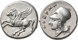 BRUTTIUM. Lokroi Epizephyrioi. Circa 350-275 BC. Stater (Silver, 22 mm, 8.65 g, 4 h). Pegasos flying left. Rev. ΛOKPΩN Head of Athena to left, wearing...