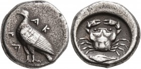 SICILY. Akragas. Circa 480/478-470 BC. Didrachm (Silver, 20 mm, 8.33 g, 2 h). AK-PA Eagle standing left with closed wings. Rev. Crab; below, grain ear...