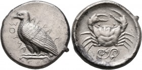 SICILY. Akragas. Circa 470/465-440s. Tetradrachm (Silver, 26 mm, 17.10 g, 6 h). AKRAC- ANTOΣ Eagle standing left on Ionic capital. Rev. Crab; below, d...