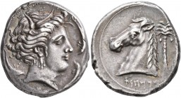 SICILY. Entella (?). Punic issues, circa 320/15-300 BC. Tetradrachm (Silver, 26 mm, 17.16 g, 1 h). Head of Tanit-Persephone to right, wearing wreath o...