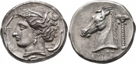 SICILY. Entella (?). Punic issues, circa 320/15-300 BC. Tetradrachm (Silver, 25 mm, 17.14 g, 7 h). Head of Tanit-Persephone to left, wearing wreath of...
