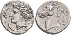 SICILY. Entella (?). Punic issues, circa 320/15-300 BC. Tetradrachm (Silver, 25 mm, 17.00 g, 5 h). Head of Tanit-Persephone to left, wearing wreath of...