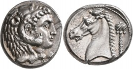 SICILY. Entella (?). Punic issues, circa 300-289 BC. Tetradrachm (Silver, 24 mm, 16.62 g, 9 h). Head of Herakles to right, wearing lion skin headdress...