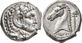 SICILY. Entella (?). Punic issues, circa 300-289 BC. Tetradrachm (Silver, 26 mm, 16.89 g, 3 h). Head of Herakles to right, wearing lion skin headdress...