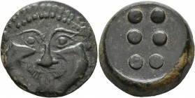 SICILY. Himera. Circa 430-420 BC. Hemilitron or Hexonkion (Bronze, 25 mm, 16.00 g). Facing gorgoneion with protruding tongue. Rev. Six pellets (mark o...