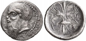 SICILY. Katane. Circa 461-450 BC. Litra (Silver, 11 mm, 0.71 g, 7 h). Balding head of Silenos to left, with an animal ear and a long beard. Rev. KAT-A...